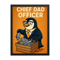 Quote 'chief dad officer' Penguin in executive attire organizing fish distribution Funny father's day Poster framed print on a plain backdrop in size 18"x24".