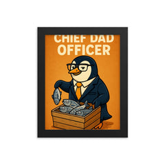 Quote 'chief dad officer' Penguin in executive attire organizing fish distribution Funny father's day Poster framed print on a plain backdrop in size 8"x10".
