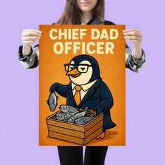 Quote 'chief dad officer' Penguin in executive attire organizing fish distribution Funny father's day Poster poster 3