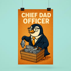 Quote 'chief dad officer' Penguin in executive attire organizing fish distribution Funny father's day Poster poster 6