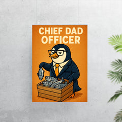 Quote 'chief dad officer' Penguin in executive attire organizing fish distribution Funny father's day Poster poster 7
