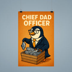 Quote 'chief dad officer' Penguin in executive attire organizing fish distribution Funny father's day Poster poster 9