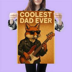 Quote 'coolest dad ever' Fox in leather jacket playing electric bass guitar Funny father's day Poster poster 3