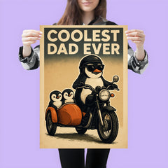 Quote 'coolest dad ever' Penguin on a motorcycle with baby penguins in a sidecar Funny father's day Poster poster 3
