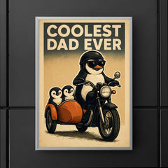 Quote 'coolest dad ever' Penguin on a motorcycle with baby penguins in a sidecar Funny father's day Poster poster 5