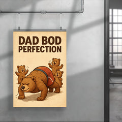 Quote 'dad bod perfection' Bear in gym shorts attempting pushups while cubs cheer Funny father's day Poster poster 4