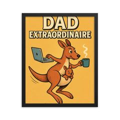 Quote 'dad extraordinaire' Kangaroo balancing laptop coffee and baby while hopping Funny father's day Poster framed print on a plain backdrop in size 16"x20".