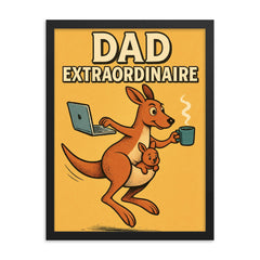 Quote 'dad extraordinaire' Kangaroo balancing laptop coffee and baby while hopping Funny father's day Poster framed print on a plain backdrop in size 18"x24".