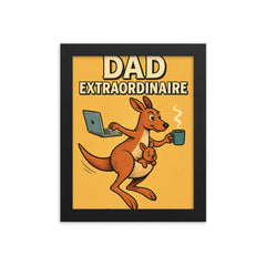 Quote 'dad extraordinaire' Kangaroo balancing laptop coffee and baby while hopping Funny father's day Poster framed print on a plain backdrop in size 8"x10".