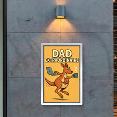 Quote 'dad extraordinaire' Kangaroo balancing laptop coffee and baby while hopping Funny father's day Poster poster 2