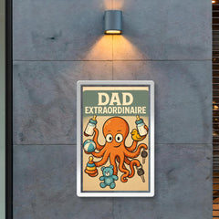 Quote 'dad extraordinaire' Octopus juggling multiple baby bottles toys and car keys Funny father's day Poster poster 2
