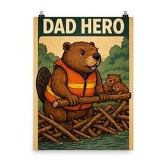 Quote 'dad hero' Beaver in a rescue vest building a dam to protect his family Funny father's day Poster poster on a plain backdrop in size 8"x10".
