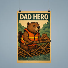 Quote 'dad hero' Beaver in a rescue vest building a dam to protect his family Funny father's day Poster poster 9