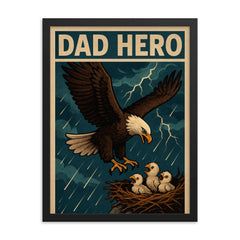 Quote 'dad hero' Eagle swooping down to save baby eagles from a storm Funny father's day Poster framed print on a plain backdrop in size 18"x24".