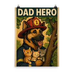 Quote 'dad hero' German Shepherd in a firefighter hat rescuing kittens from a tree Funny father's day Poster poster on a plain backdrop in size 8"x10".