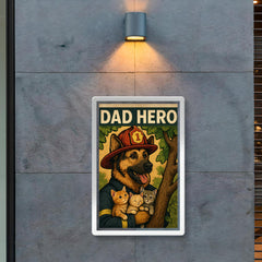 Quote 'dad hero' German Shepherd in a firefighter hat rescuing kittens from a tree Funny father's day Poster poster 2