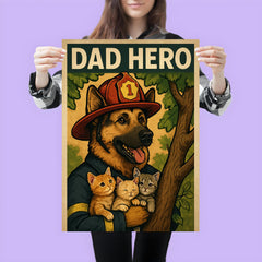 Quote 'dad hero' German Shepherd in a firefighter hat rescuing kittens from a tree Funny father's day Poster poster 3