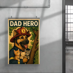 Quote 'dad hero' German Shepherd in a firefighter hat rescuing kittens from a tree Funny father's day Poster poster 4