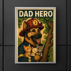 Quote 'dad hero' German Shepherd in a firefighter hat rescuing kittens from a tree Funny father's day Poster poster 5