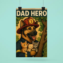 Quote 'dad hero' German Shepherd in a firefighter hat rescuing kittens from a tree Funny father's day Poster poster 6