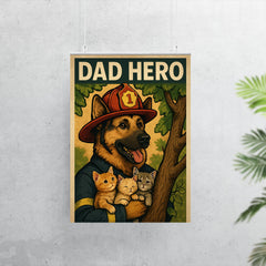 Quote 'dad hero' German Shepherd in a firefighter hat rescuing kittens from a tree Funny father's day Poster poster 7