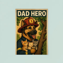 Quote 'dad hero' German Shepherd in a firefighter hat rescuing kittens from a tree Funny father's day Poster poster 8