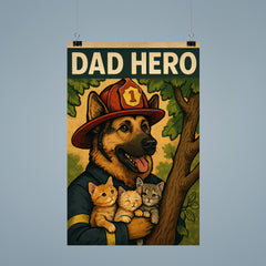 Quote 'dad hero' German Shepherd in a firefighter hat rescuing kittens from a tree Funny father's day Poster poster 9