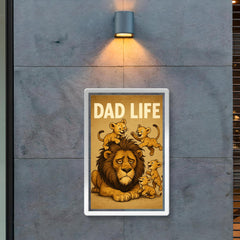 Quote 'dad life' Exhausted lion with messy mane trying to nap while cubs play Funny father's day Poster poster 2