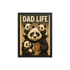 Quote 'dad life' Tired looking panda holding coffee while surrounded by playful cubs Funny father's day Poster framed print on a plain backdrop in size 12"x16".