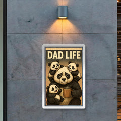 Quote 'dad life' Tired looking panda holding coffee while surrounded by playful cubs Funny father's day Poster poster 2