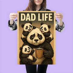 Quote 'dad life' Tired looking panda holding coffee while surrounded by playful cubs Funny father's day Poster poster 3
