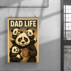 Quote 'dad life' Tired looking panda holding coffee while surrounded by playful cubs Funny father's day Poster poster 4