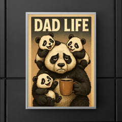 Quote 'dad life' Tired looking panda holding coffee while surrounded by playful cubs Funny father's day Poster poster 5