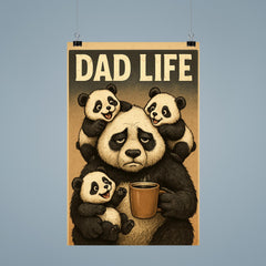 Quote 'dad life' Tired looking panda holding coffee while surrounded by playful cubs Funny father's day Poster poster 9