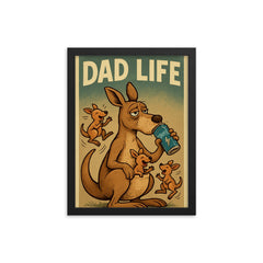 Quote 'dad life' Weary kangaroo with joeys bouncing around while he drinks energy drink Funny father's day Poster framed print on a plain backdrop in size 12"x16".