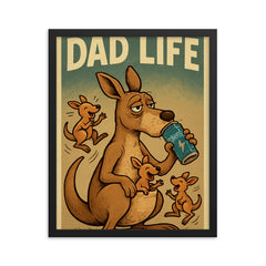 Quote 'dad life' Weary kangaroo with joeys bouncing around while he drinks energy drink Funny father's day Poster framed print on a plain backdrop in size 16"x20".