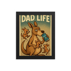 Quote 'dad life' Weary kangaroo with joeys bouncing around while he drinks energy drink Funny father's day Poster framed print on a plain backdrop in size 8"x10".