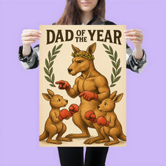 Quote 'dad of the year' Kangaroo with a laurel wreath coaching baby kangaroos in boxing Funny father's day Poster poster 3
