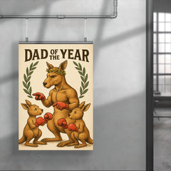 Quote 'dad of the year' Kangaroo with a laurel wreath coaching baby kangaroos in boxing Funny father's day Poster poster 4