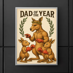 Quote 'dad of the year' Kangaroo with a laurel wreath coaching baby kangaroos in boxing Funny father's day Poster poster 5