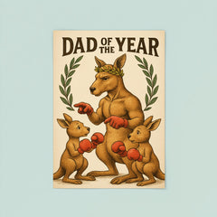 Quote 'dad of the year' Kangaroo with a laurel wreath coaching baby kangaroos in boxing Funny father's day Poster poster 8