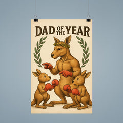 Quote 'dad of the year' Kangaroo with a laurel wreath coaching baby kangaroos in boxing Funny father's day Poster poster 9