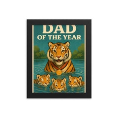 Quote 'dad of the year' Tiger with a gold medal giving swimming lessons to cubs Funny father's day Poster framed print on a plain backdrop in size 8"x10".