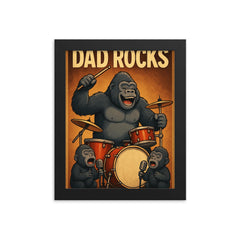 Quote 'dad rocks' Gorilla on drums with baby gorillas as backup singers Funny father's day Poster framed print on a plain backdrop in size 8"x10".