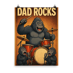 Quote 'dad rocks' Gorilla on drums with baby gorillas as backup singers Funny father's day Poster poster on a plain backdrop in size 8"x10".
