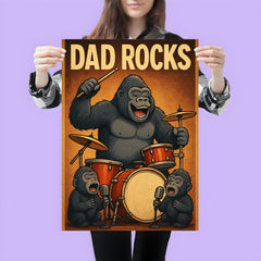 Quote 'dad rocks' Gorilla on drums with baby gorillas as backup singers Funny father's day Poster poster 3