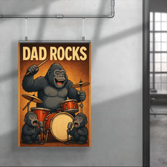 Quote 'dad rocks' Gorilla on drums with baby gorillas as backup singers Funny father's day Poster poster 4