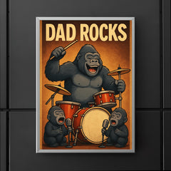 Quote 'dad rocks' Gorilla on drums with baby gorillas as backup singers Funny father's day Poster poster 5