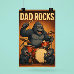 Quote 'dad rocks' Gorilla on drums with baby gorillas as backup singers Funny father's day Poster poster 6