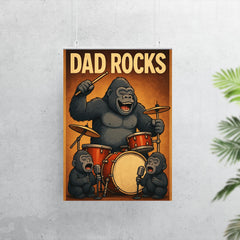 Quote 'dad rocks' Gorilla on drums with baby gorillas as backup singers Funny father's day Poster poster 7